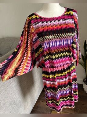 Vintage Olivia Matthews Medium Groovy Print Dress Elastic Waist Tie Flowy Retro